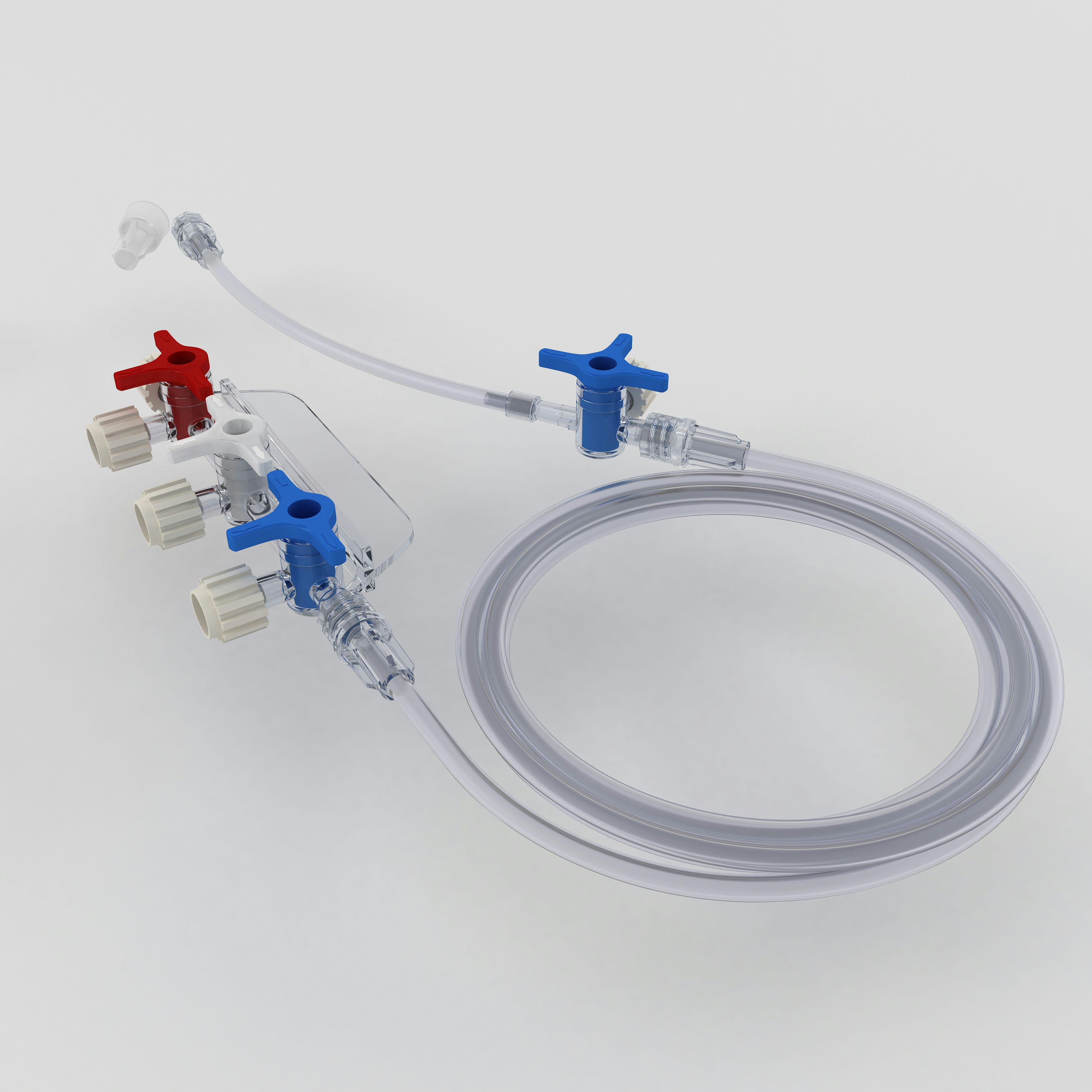 Hahnbank-Set, dreifach, mit Verlängerung 1800 mm, Dreiwegehahn blau mit Verlängerung 150mm, LL