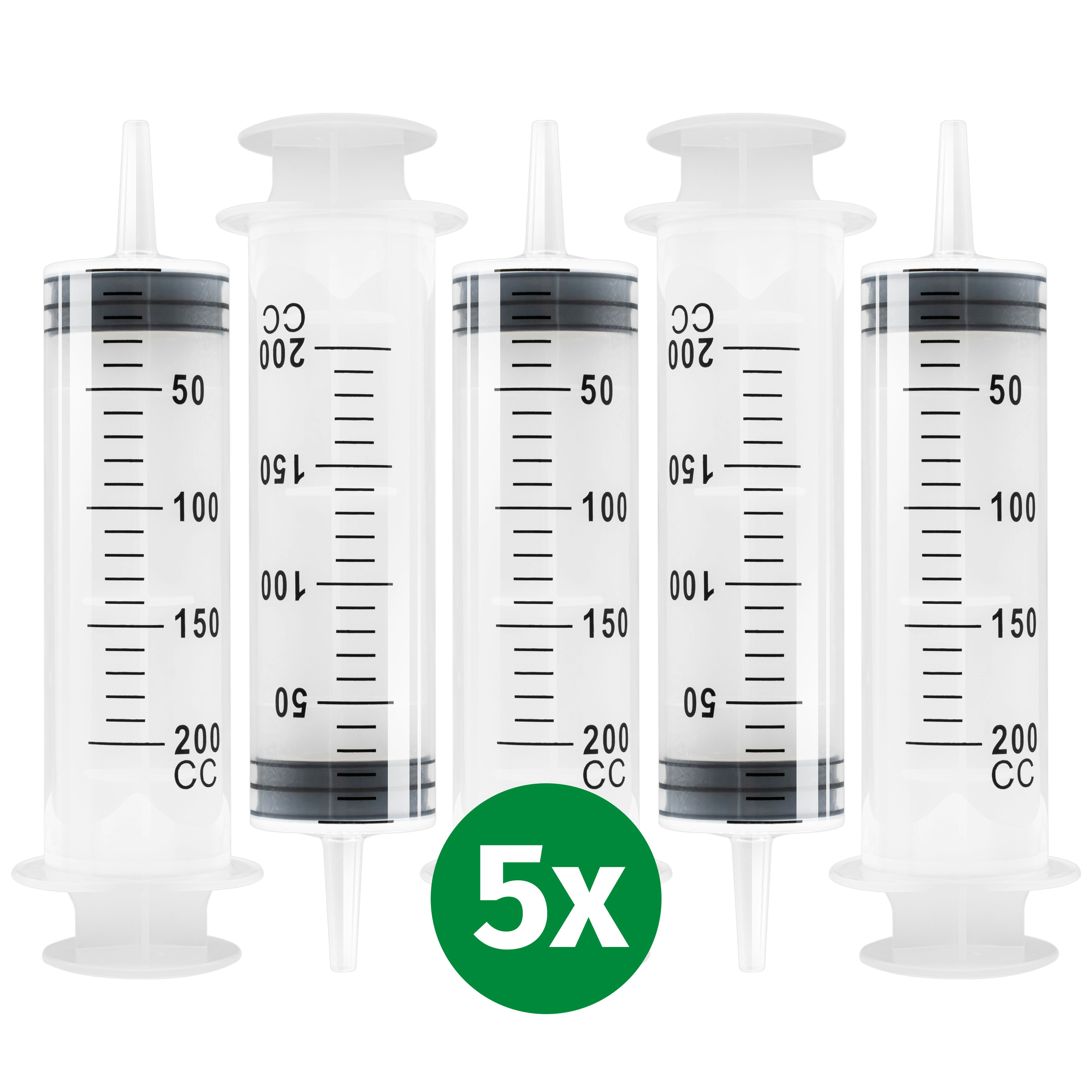 5 Stk Spritze 200 ml mit Katheteransatz und Luer Adapter. Wiederverwendbare Plastikspritze als Pipette, für Flüssigkeiten, Ölspritze, Dosierspritze aus Kunststoff für Garten, Industrie und Tiernahrung