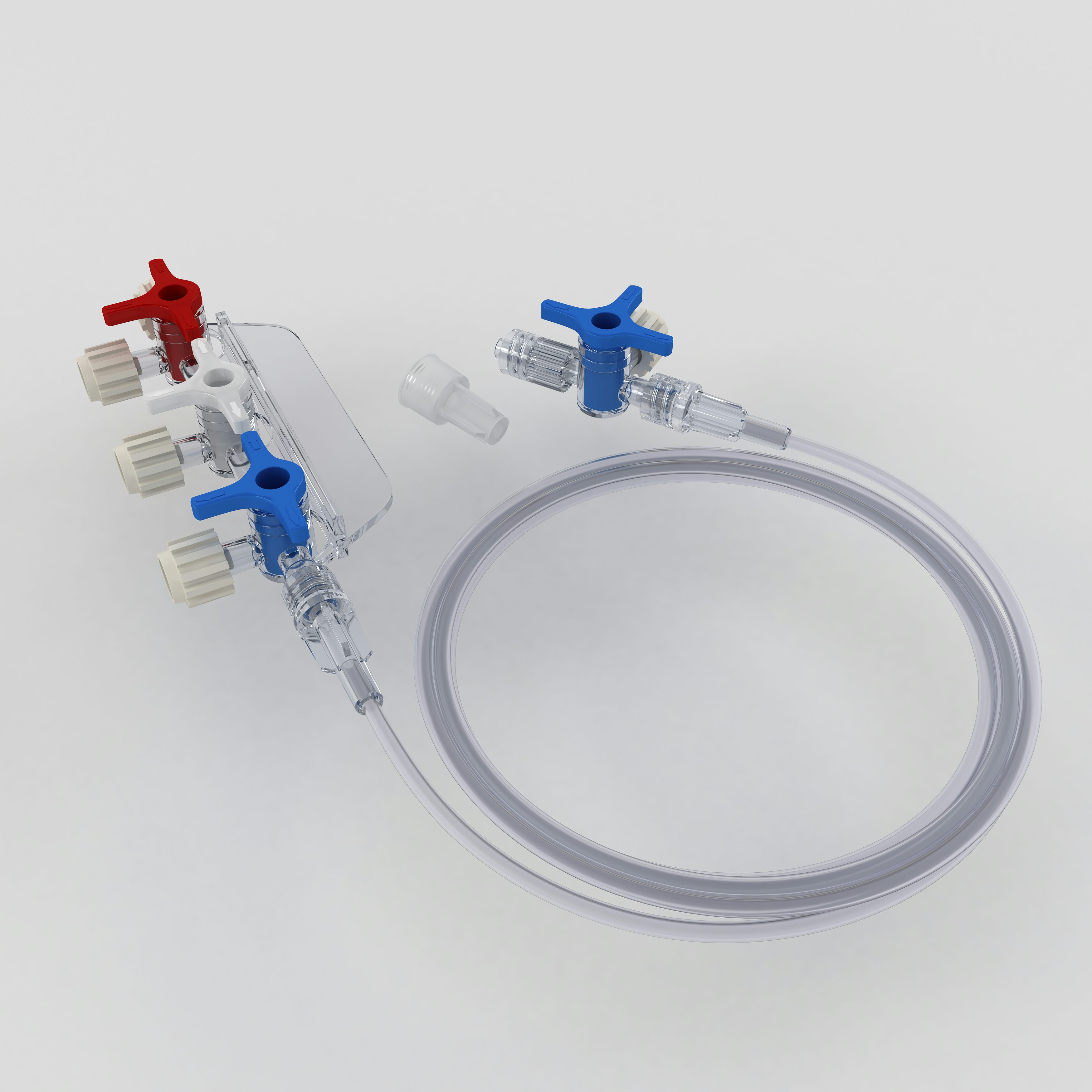 Hahnbank-Set, dreifach, Perfusionsleitung 2000 mm, Dreiwegehahn blau mit Überwurfmutter, LL