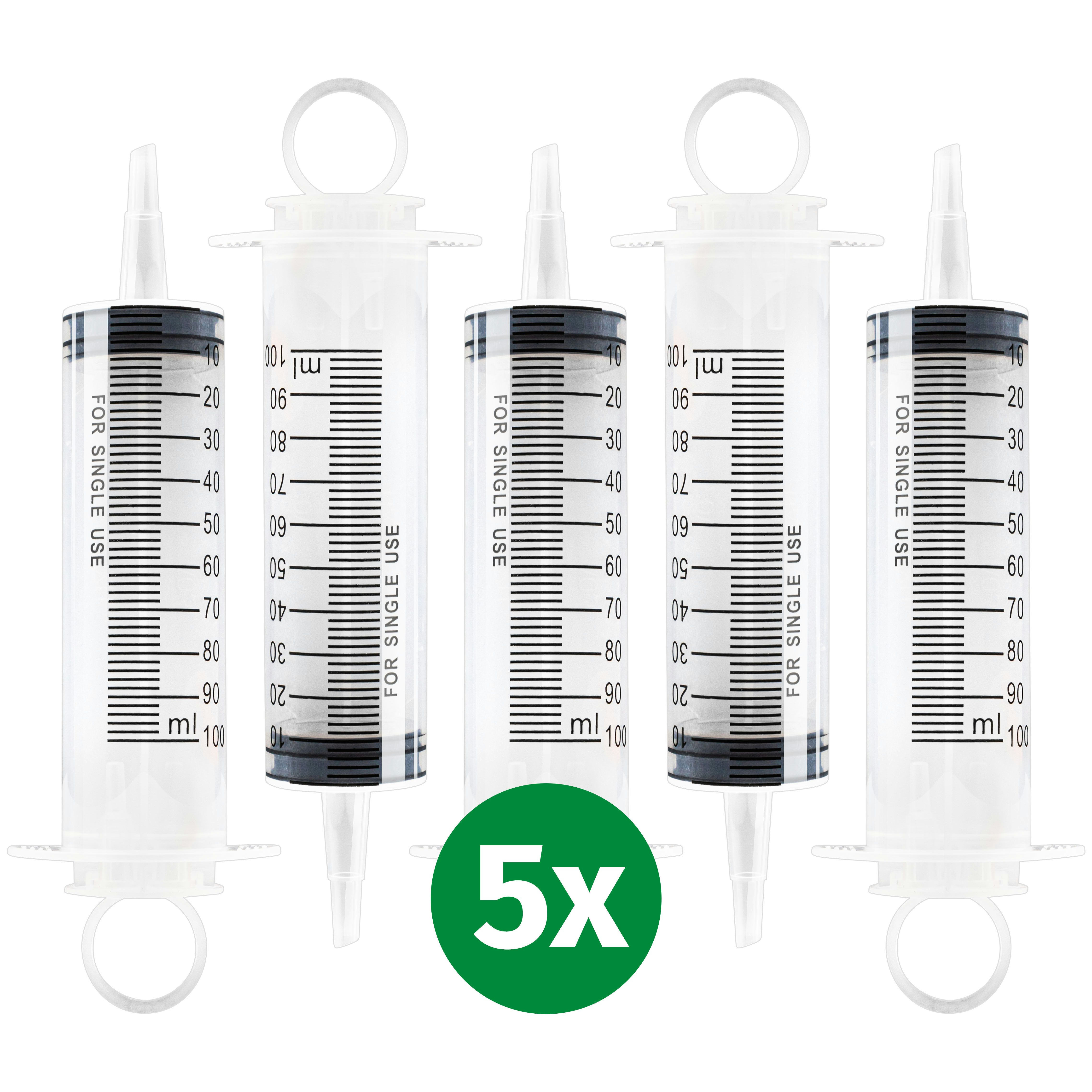 5 Stk Spritze 100 ml mit Katheteransatz und Luer Adapter. Wiederverwendbare Plastikspritze als Pipette, für Flüssigkeiten, Ölspritze, Dosierspritze aus Kunststoff für Garten, Industrie und Tiernahrung