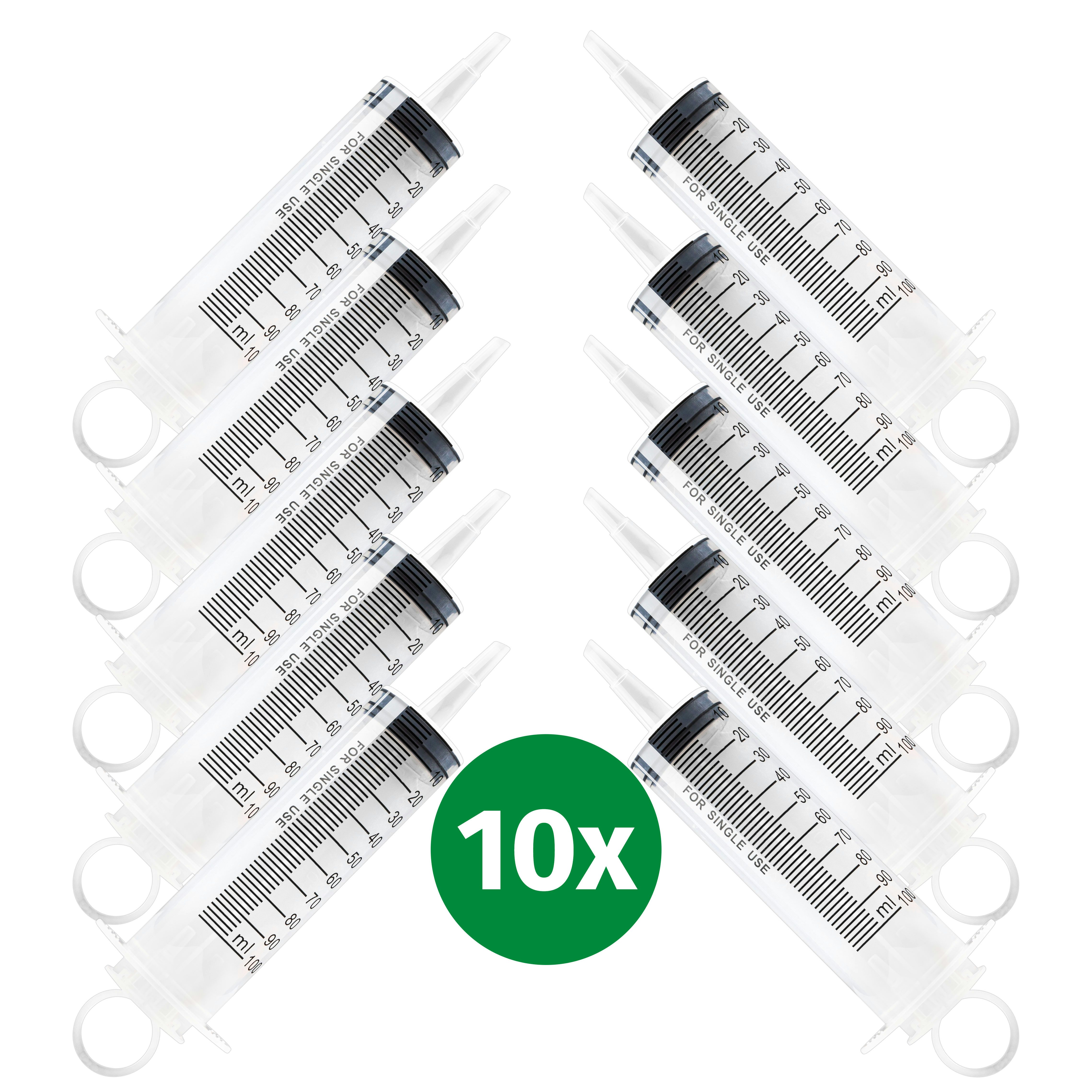 10 St Spritze 100 ml mit Katheteransatz und Luer Adapter. Wiederverwendbare Plastikspritze als Pipette, für Flüssigkeiten, Ölspritze, Dosierspritze aus Kunststoff für Garten, Industrie und Tiernahrung