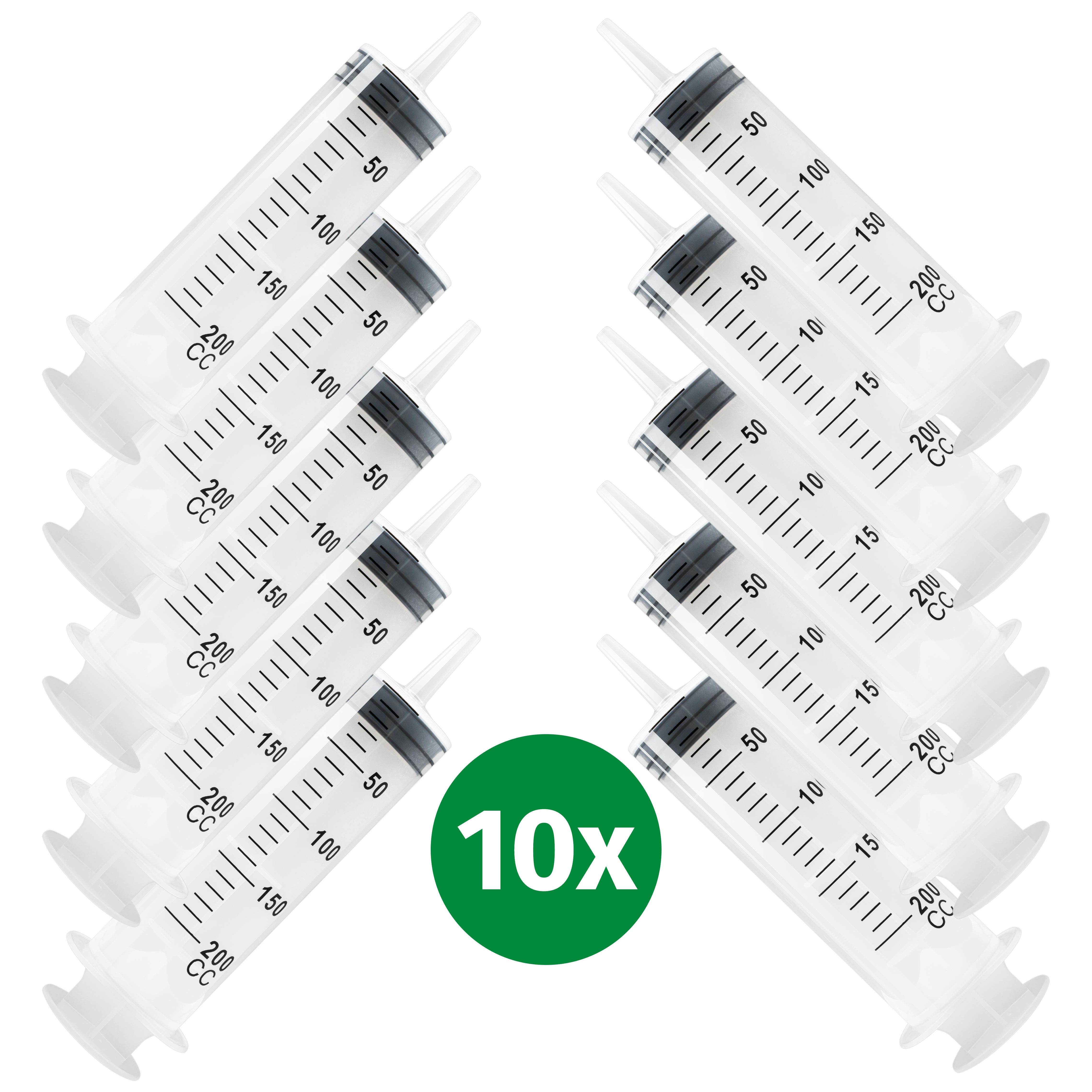 10 St Spritze 200 ml mit Katheteransatz und Luer Adapter. Wiederverwendbare Plastikspritze als Pipette, für Flüssigkeiten, Ölspritze, Dosierspritze aus Kunststoff für Garten, Industrie und Tiernahrung